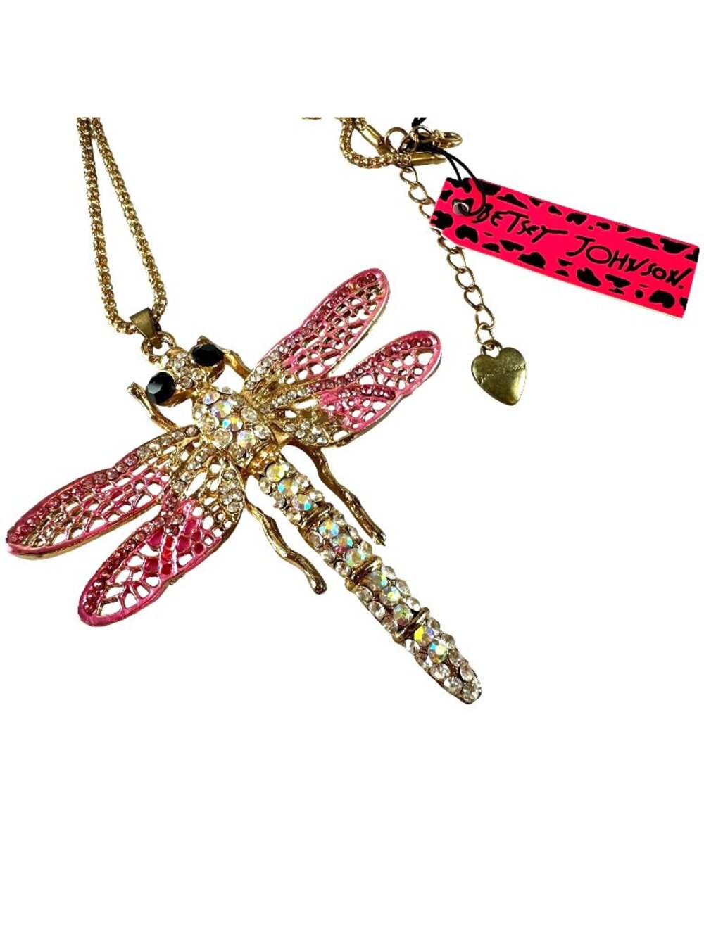 Betsy Johnson Pink Crystal Dragonfly Pendant Necklace Gold Chain